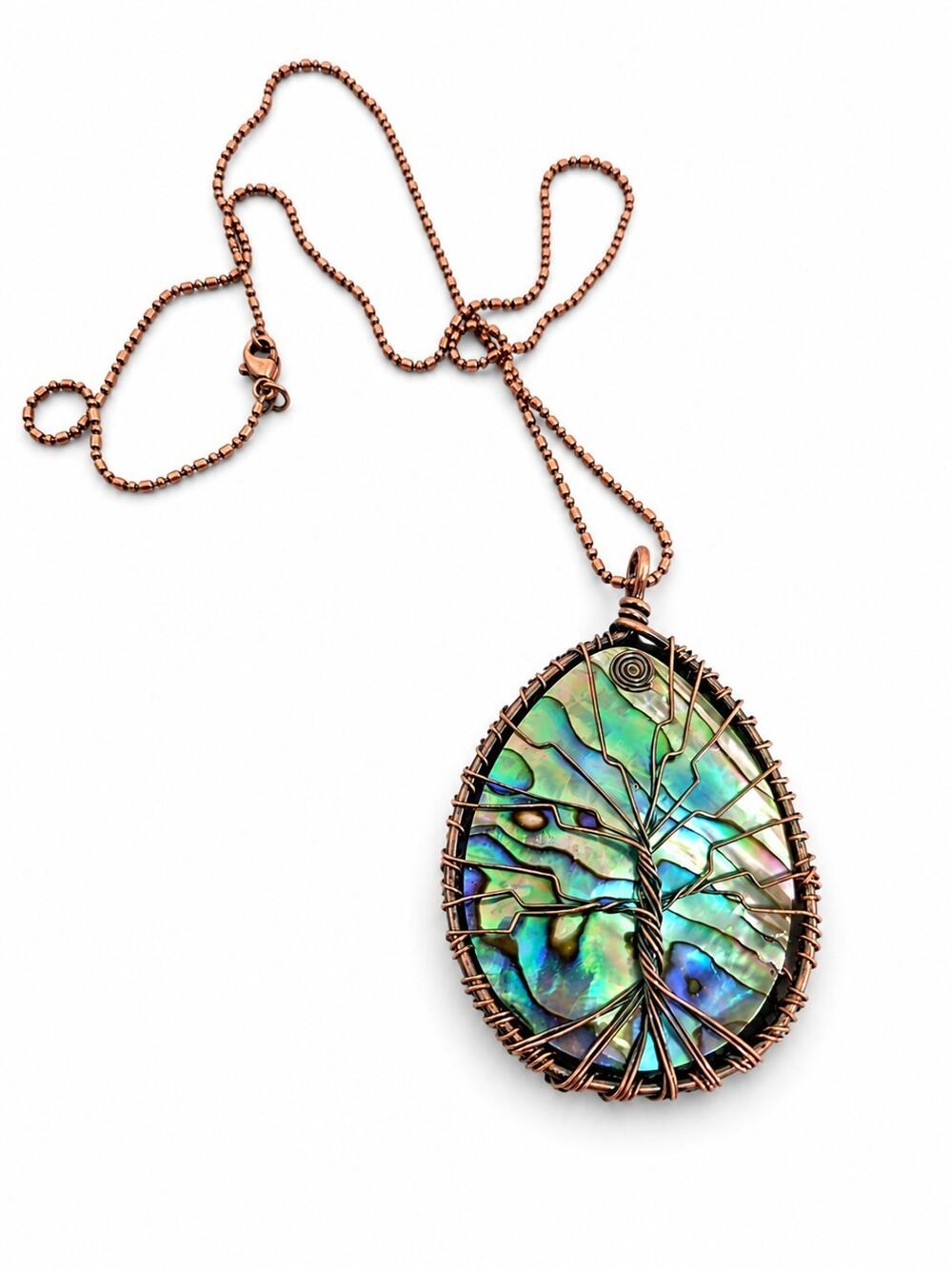 Vintage Tree of Life Wrapped Wire Abalone Pendant Necklace Beautiful